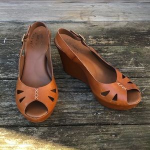 Kork-Ease Brown Leather Peep Toe Wedge Sandal Size 9